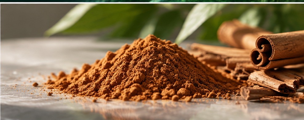 Cinnamon-derived powder representing cinnamaldehyde applications